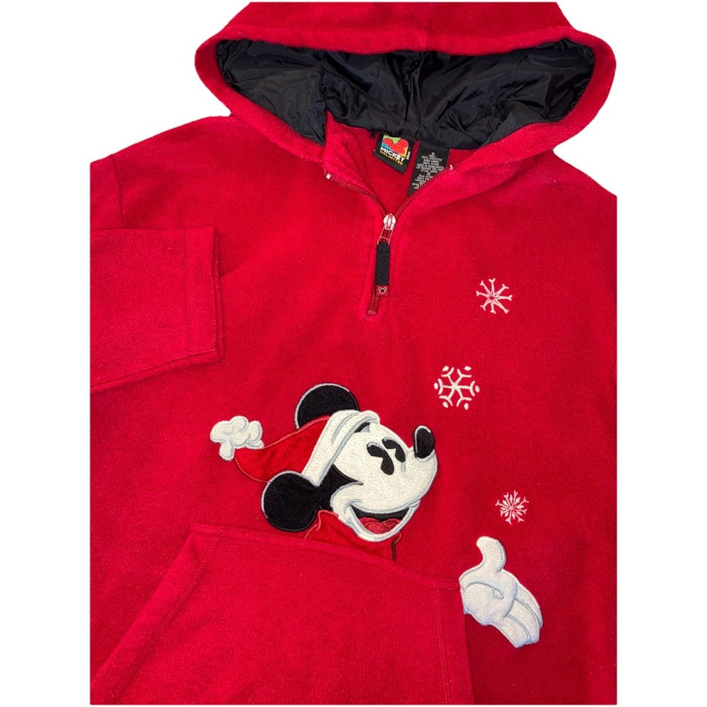 Vtg Mickey Unlimited Hoodie Women's S Red Fleece Mickey Mouse Holiday Snowflakes